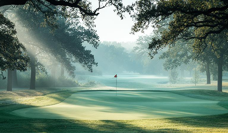 Rolling fairway along the Minnesota River Bottoms with morning light filtering through mature oaks and a distant flagstick on the green